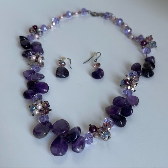 💕3/20$ NWOT Purple Bead and Stone Necklace and Earring Set - Picture 3 of 5